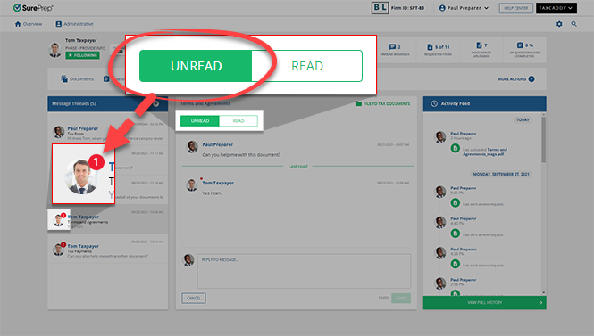 Select the UNREAD tab