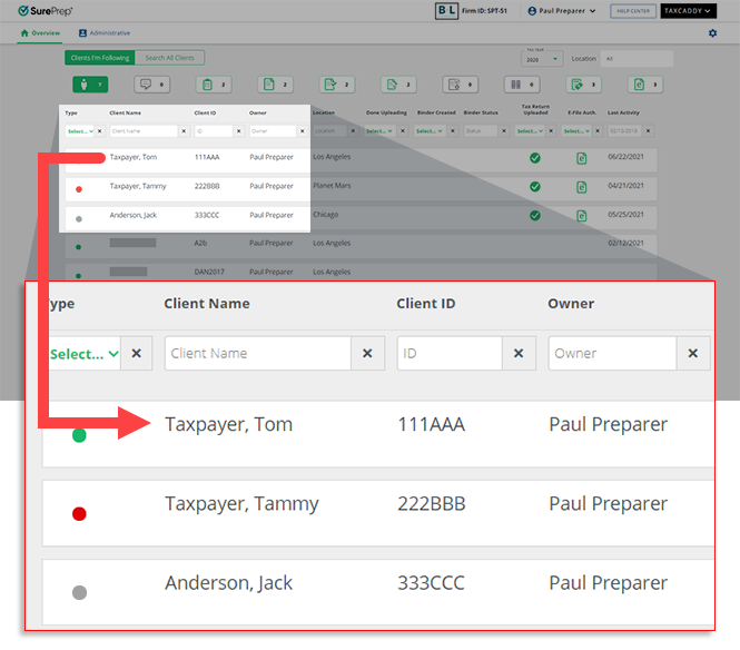 Select a client profile from Overview