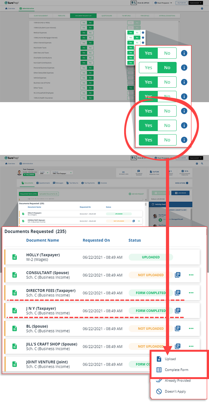 Upload and Complete Form options for the categories