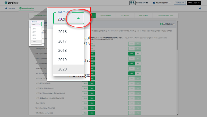 TAX YEAR dropdown