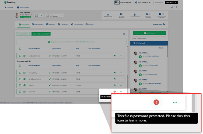 Notification that the file is password protected