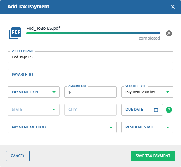 Add Tax Payment window