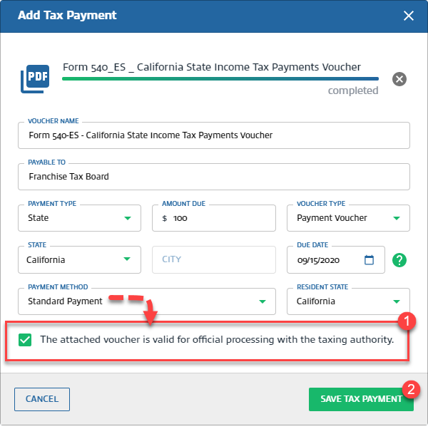 Select the "The attached voucher is valid for official processing with the taxing authority" checkbox