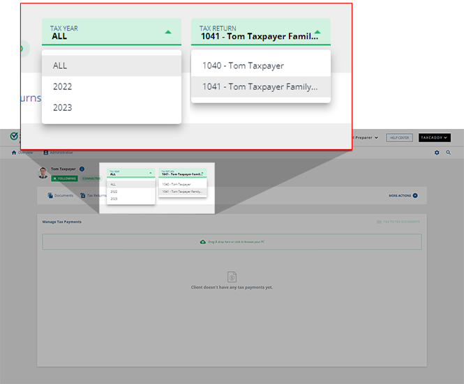 Select a tax year and tax return