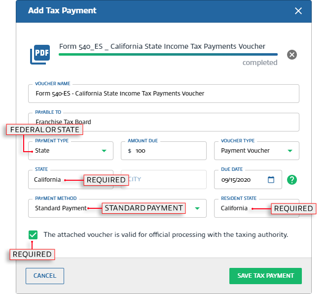 Diagram of the Add Tax Payment window