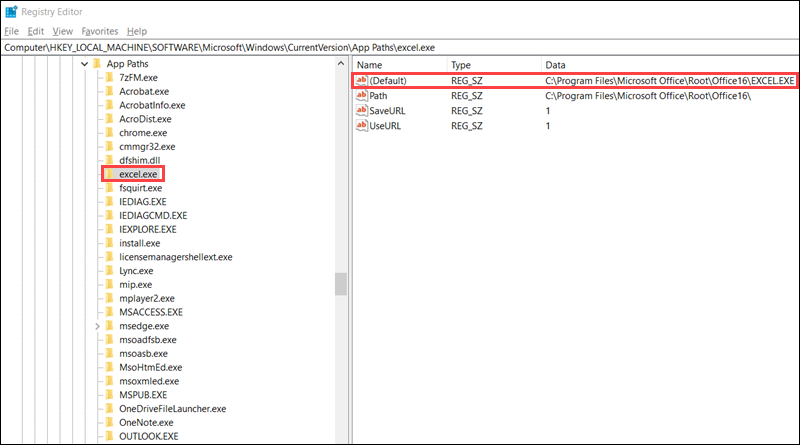  Windows Registry Editor. In the tree diagram of Registry keys in the first pane, the Computer\HKEY_LOCALMACHINE\SOFTWARE\Microsoft\Windows\CurrentVersion\App Paths\excel.exe Registry key is selected. The second pane shows the values within the excel.exe Registry key.  The file path for excel.exe is shown in the Data column for the valled called (Default). 