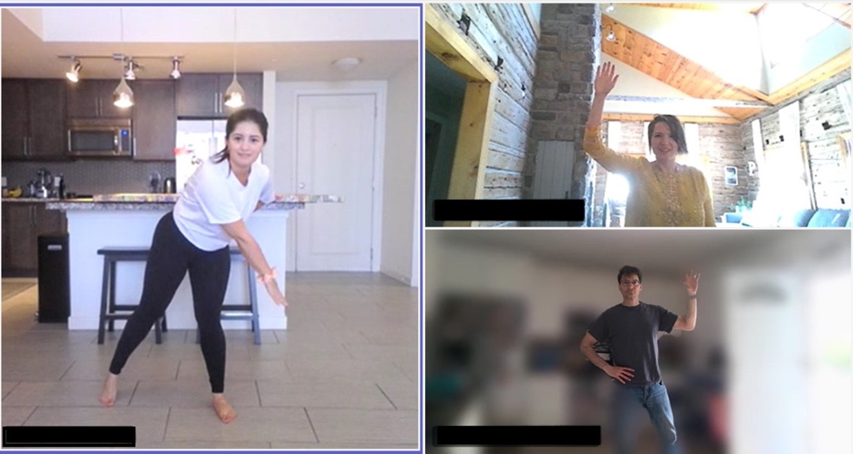 Three people participating in a virtual Bollywood dance class 
