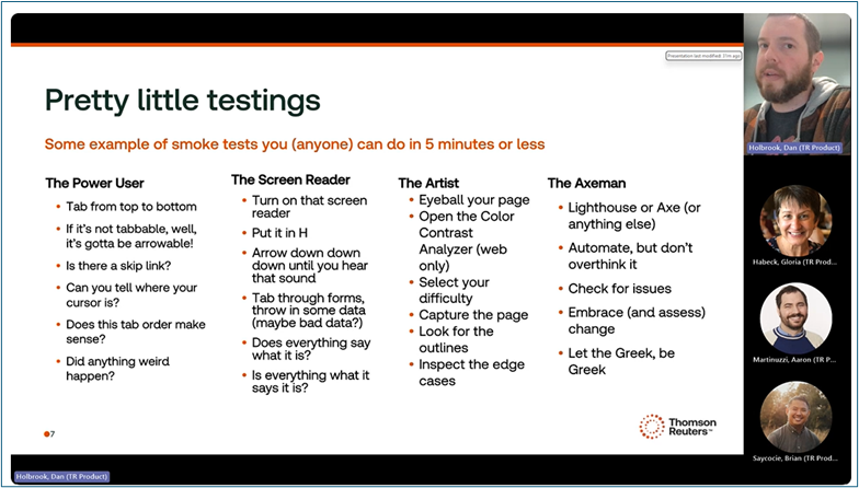 A screenshot from a Teams meeting. The slide on the screen says 'Pretty little testings' and there are people on the call on the right side.