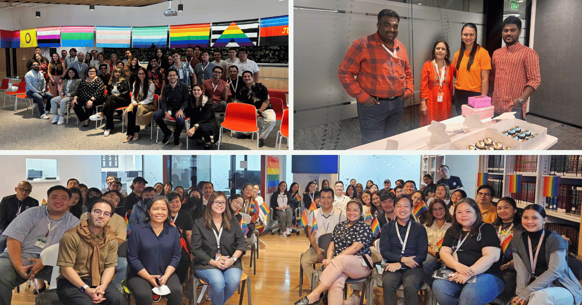 Three photos of Thomson Reuters teammates in Mexico, India, and the Philippines celebrating Pride Month together. 